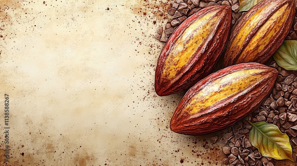 Poster detailed illustration of cocoa pods surrounded by cocoa nibs on textured background perfect for choc