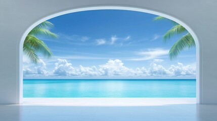 a luxury villa with a panoramic window overlooking a tropical paradise, palm trees swaying gently