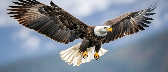Obraz premium Majestic Bald Eagle in Flight with Outstretched Wings Against a Scenic Sky, Capturing the Beauty of Nature and Wildlife in Action