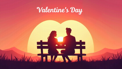 Couple sitting on bench at sunset with Valentine's Day text