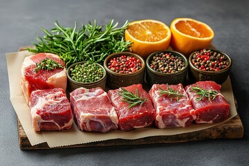 A tray of meat and vegetables with a variety of spices and herbs