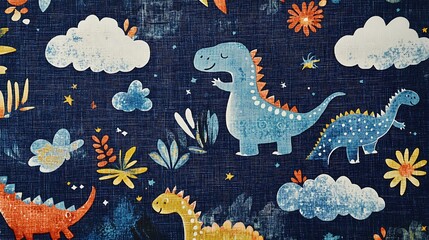 Whimsical dinosaur and cloud pattern on navy plush fabric, creating a fun and cozy texture for any project