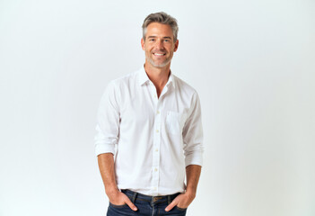 A commercial portrait photo of a model on a white studio background:  a man standing with his hands in his pockets, wearing a white shirt and blue jeans, with a smile on his face.