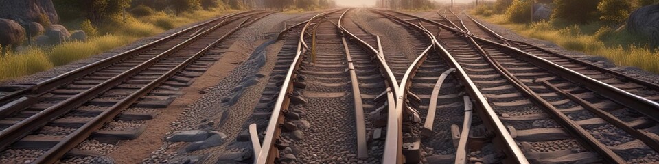 Railroad tracks diverging into two separate paths, road, split