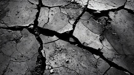 Obraz premium Macro view of a cracked cement surface with intricate patterns formed by time