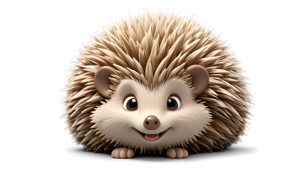 Adorable cartoon hedgehog with brown quills, smiling face, and tiny paws, isolated on black background.