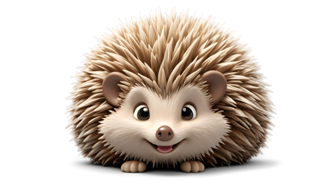Adorable cartoon hedgehog with brown quills, smiling face, and tiny paws, isolated on black background.