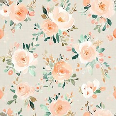 A hand-drawn pattern with spring flowers and leaves, ideal for use as wallpaper or fabric. This design, a botanic tile, showcases elegant floral details.