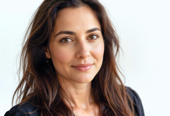 Obraz premium A commercial portrait photo of a model on a white studio background: a woman with long brown hair wearing a black dress, smiling at the camera against a white background.