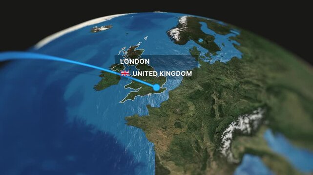 Professional 3D animated map illustrating a flight route from Toronto to London. Perfect for travel videos, tourism promotions, and business presentations.