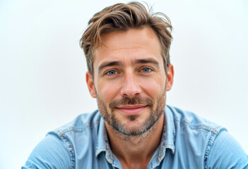 Obraz premium A commercial portrait photo of a model on a white studio background: a man with a beard wearing a blue shirt, smiling at the camera against a white background.