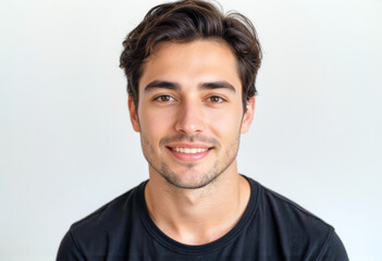 Fototapeta premium A commercial portrait photo of a model on a white studio background: a man in a black t-shirt smiling at the camera against a white background.