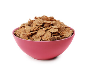 Bowl with crispy flakes close up isolated on white background. Granola in a brown bowl