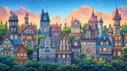 Charming colorful houses under a starry sky.