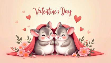 Obraz premium Adorable chinchillas cuddling under a red blanket for Valentine's Day