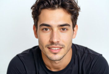 Obraz premium A commercial portrait photo of a model on a white studio background: a young man wearing a black t-shirt, smiling at the camera against a white background.