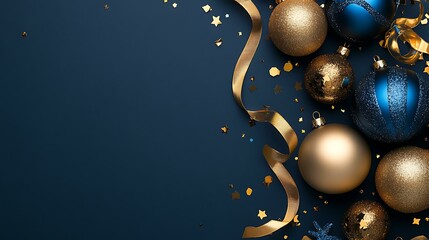 Stylish gold and blue holiday ornaments paired with sparkling confetti and ribbons on a clean dark background
