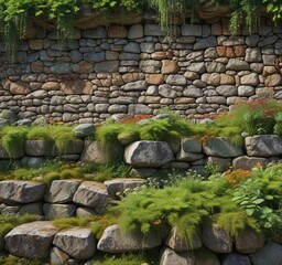 Rustic stone wall with overgrown vegetation and moss, earthy, garden