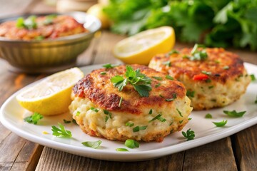 Crispy crab cakes garnished with parsley and lemon slices on a plate with leafy greens in the background.