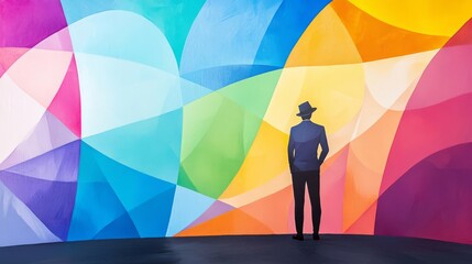 A person reflects on colorful abstract art.