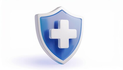 Obraz premium Blue Medical Shield with White Cross Symbol for Healthcare Security, Medical Protection, Health Insurance Concept, Cyber Health Safety, and Emergency Medical Care. Ideal for Healthcare Branding