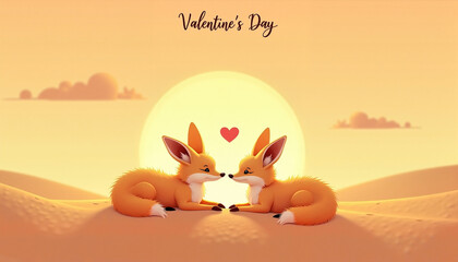 Two foxes sharing a romantic moment at sunset for Valentine's Day
