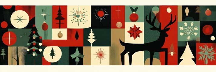 Fototapeta premium Festive Christmas pattern with red, green, and gold holiday symbols including Christmas trees, snowflakes, reindeer, and ornaments.