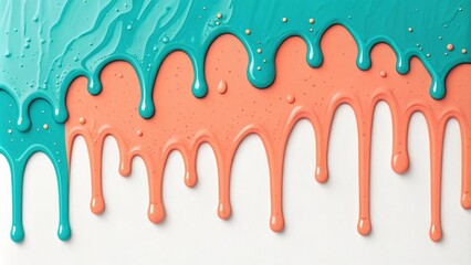 Turquoise and coral nail polish dripping on a white background creating an abstract design with a playful and colorful aesthetic, ideal for beauty and cosmetics projects