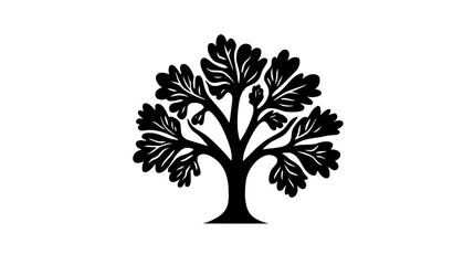 Oak tree with a wide canopy and lobed green leaves standing tall in a park, Vectorized Plant Art