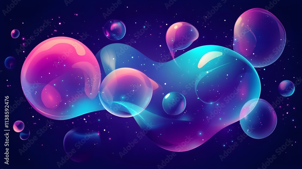 Poster colorful abstract graphic of bubbles and fluid shapes with sparkling stars against a dark background