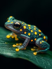Obraz premium Close-up of a colorful frog with striking orange spots perched on a green leaf in a dark background.
