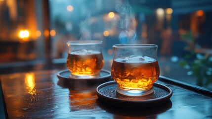 Two steaming glasses of amber liquid on a wooden table, creating a cozy atmosphere.