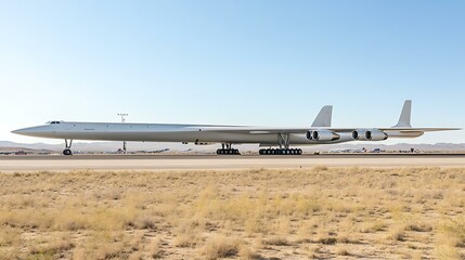 A large aircraft parked on the runway, framed by a clear, pale blue sky