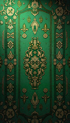 Oriental carpet with elaborate gold patterns on rich green background for opulent interior design