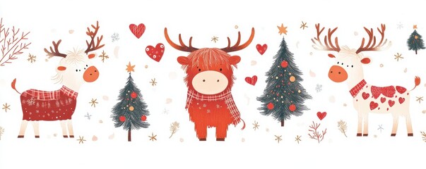 Festive Christmas pattern featuring adorable highland cows, decorated trees, and winter-themed elements
