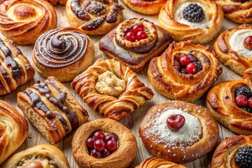 Assorted Danish pastries with fruit and cream on a wooden surface.