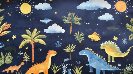 Playful navy blue plush fabric featuring scattered cartoon dinosaurs, tropical trees, and whimsical...