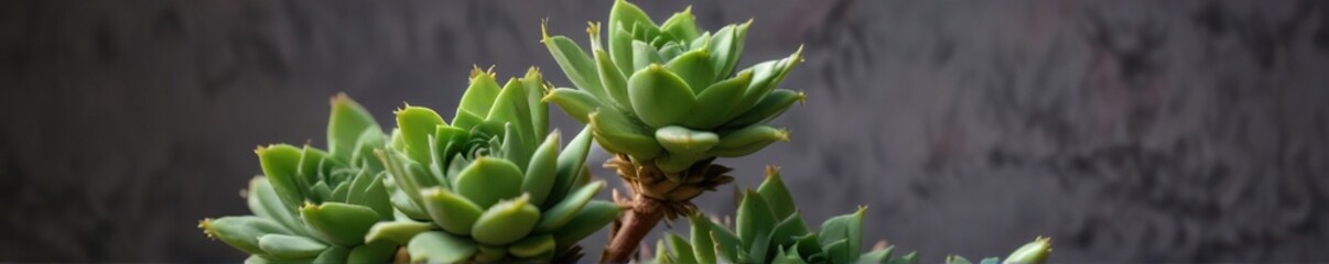 Fototapeta premium Small, plump, green buds on a succulent plant stem, leaves, botanical