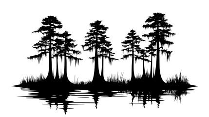 Swamp cypress trees with knees growing in a bayou, Vectorized Plant Art