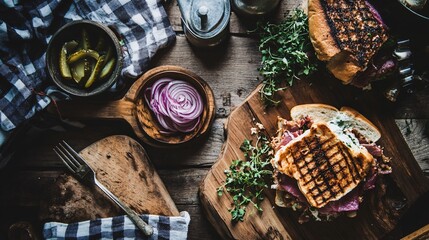 Grilled Reuben sandwich served with a side of pickled onions, rustic table covered with a checkered cloth