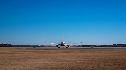 Fototapeta na wymiar Passenger jet on the runway with a clean backdrop of a bright blue sky and no distractions