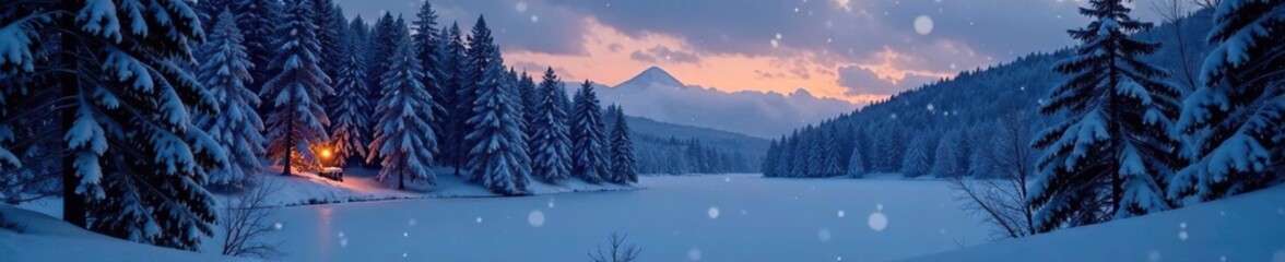 Fototapeta premium Snowy forest at dusk with frozen lake and twinkling lights, quiet woods, peaceful atmosphere, forest landscape