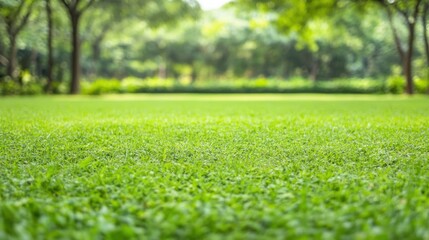 Naklejka premium Lush Green Grass with Trees Under Bright Natural Light in Outdoor Park Setting
