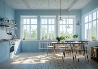 Scandinavian style blue kitchen with wood accents, a dining table and chairs, white ceiling lights, and a wooden floor