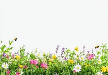 Fototapeta premium A vibrant garden scene featuring colorful flowers and insects, with a transparent backdrop