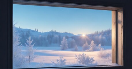 Soft focus image of a frosted window with a blue sky outside, snowfall, serene