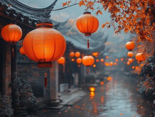 Obraz premium Serene Chinese alley adorned with glowing lanterns, reflecting autumn colors and cultural heritage in a peaceful riverside setting.