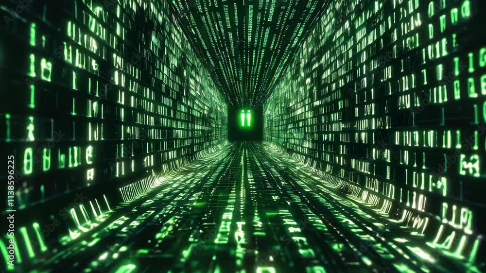 Poster explore the vibrant green cyber world filled with glowing data streams and endless possibilities