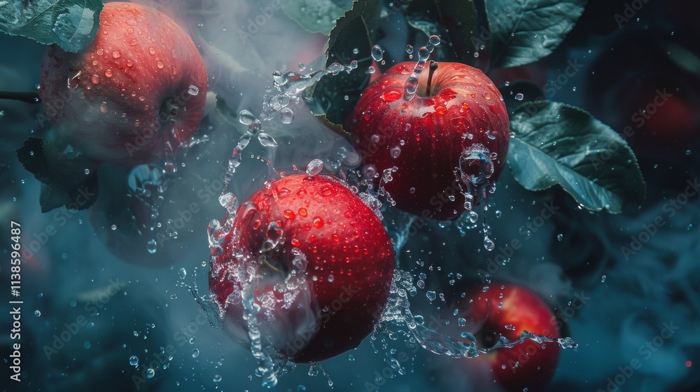 Poster red apples splashing in water with bubbles and motion