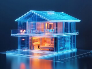 Transparent Smart Home Model with Holographic Interior Layout and Futuristic Urban Design